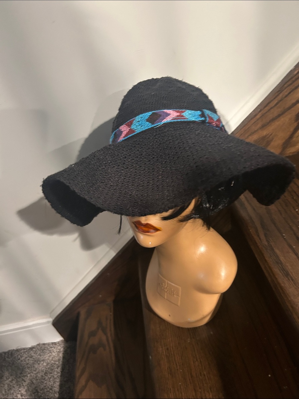 Black Wide-Brim Woven Sun Hat with Aztec Style Turquoise & Purple Band - Picture 5 of 9